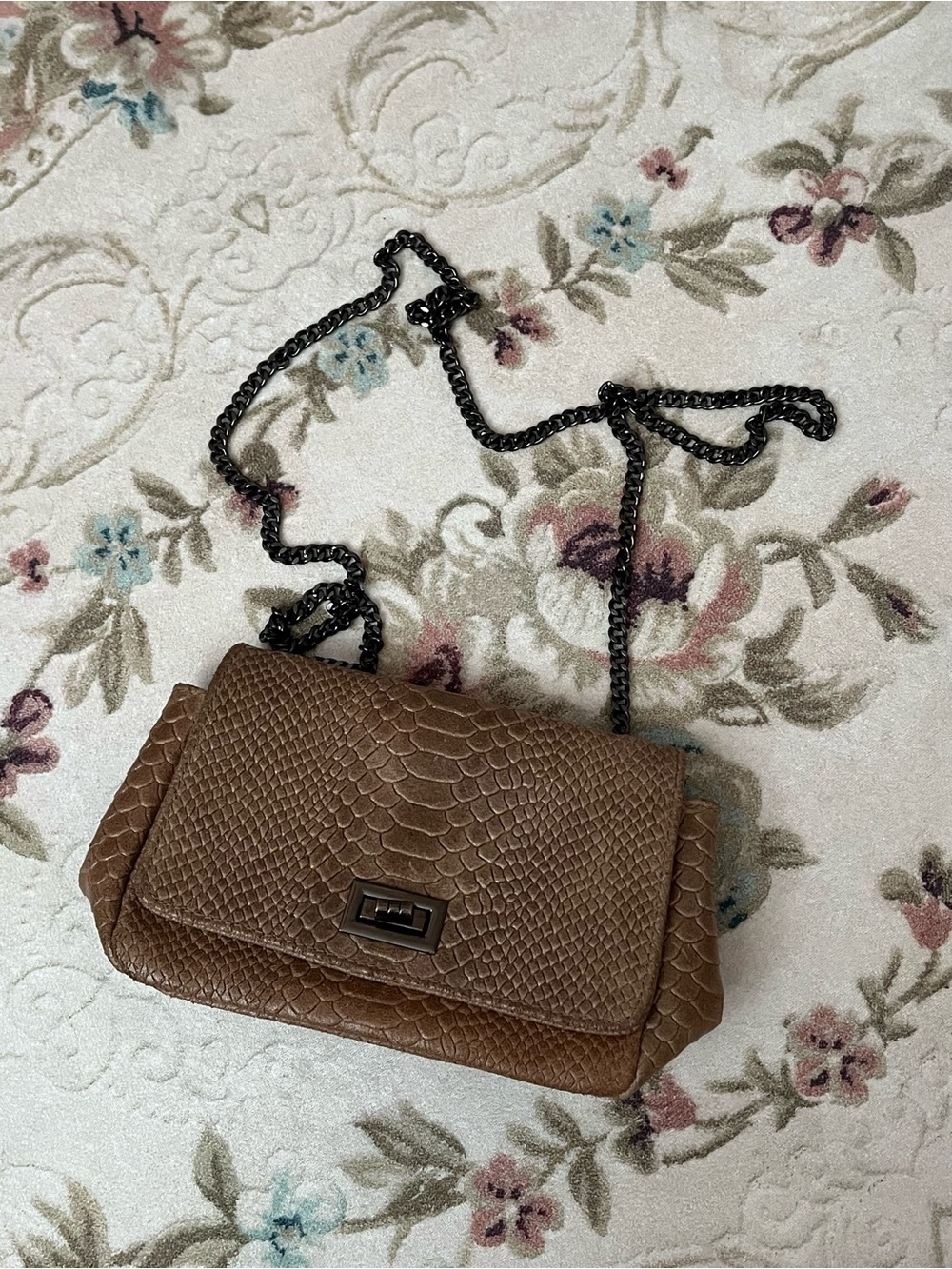 Brown Textured Crossbody Bag with Chain Strap